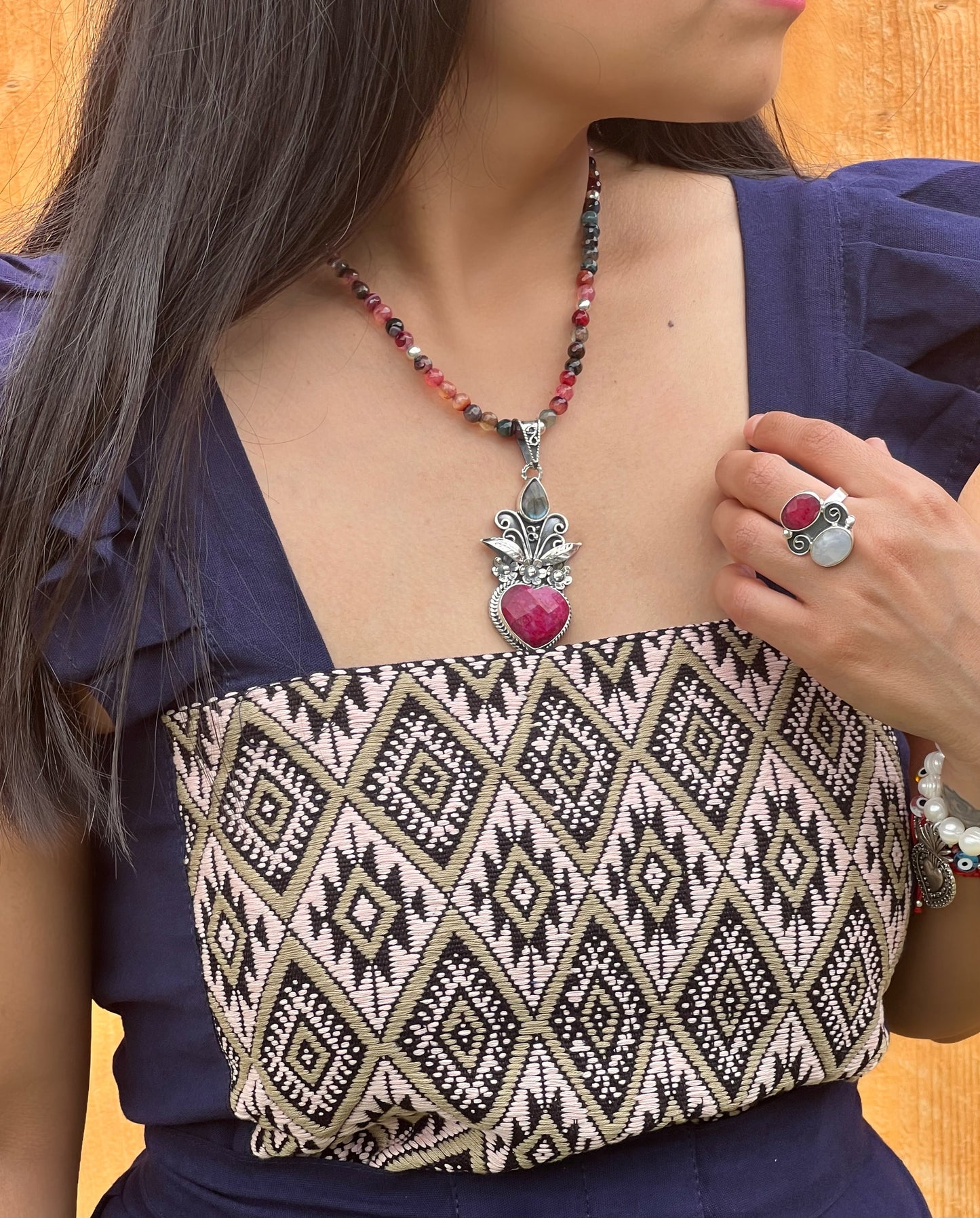 Silver necklace Ruby and Labradorite.